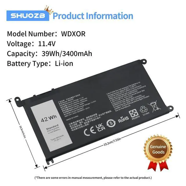 Alt view image 2 of 6 - WDX0R 11.4V/42Wh Replacement Laptop Battery for Dell Inspiron 13 14 15 5000 7000 Series 5570 7579 5567 5379 5579 7573 7378 5378 3780 3790 5565 5765 5770 7368,P/N:WDXOR P69G 3CRH3 P58F