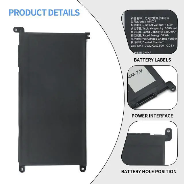 Alt view image 4 of 6 - WDX0R 11.4V/42Wh Replacement Laptop Battery for Dell Inspiron 13 14 15 5000 7000 Series 5570 7579 5567 5379 5579 7573 7378 5378 3780 3790 5565 5765 5770 7368,P/N:WDXOR P69G 3CRH3 P58F