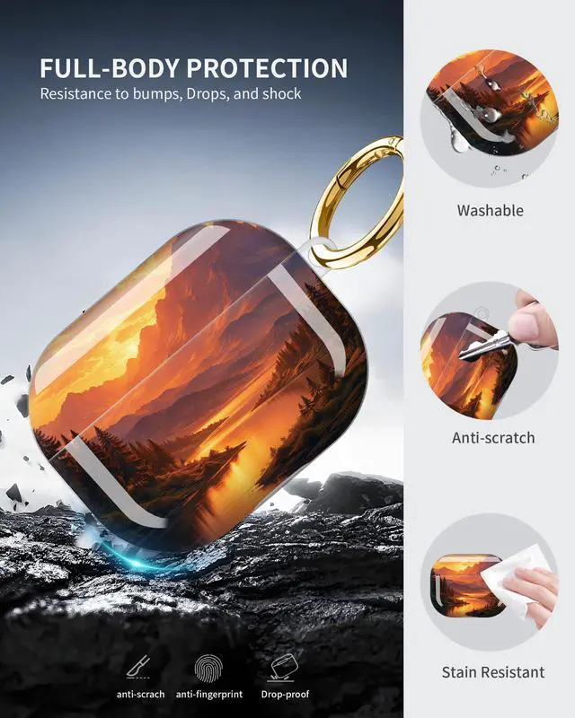 Alt view image 5 of 6 - Compatible with AirPod Pro 3 Case 2025,Shockproof Protective Cover with Keychain,Multi-Theme Graphic Design Shell for Men Women,Ideal for Gym&Travel(Mountain Sunset Lake Forest Sky Clouds)