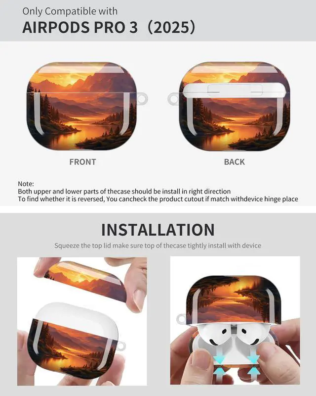 Alt view image 6 of 6 - Compatible with AirPod Pro 3 Case 2025,Shockproof Protective Cover with Keychain,Multi-Theme Graphic Design Shell for Men Women,Ideal for Gym&Travel(Mountain Sunset Lake Forest Sky Clouds)