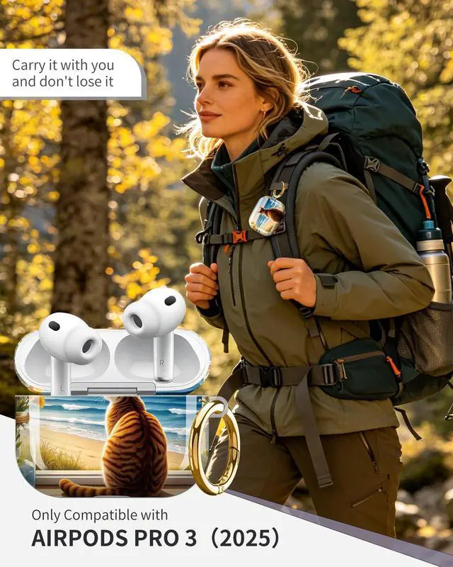 Alt view image 2 of 6 - Compatible with AirPod Pro 3 Case 2025,Shockproof Protective Cover with Keychain,Multi-Theme Graphic Design Shell for Men Women,Ideal for Gym&Travel(Cat Beach Ocean Sky Flowers Jar)