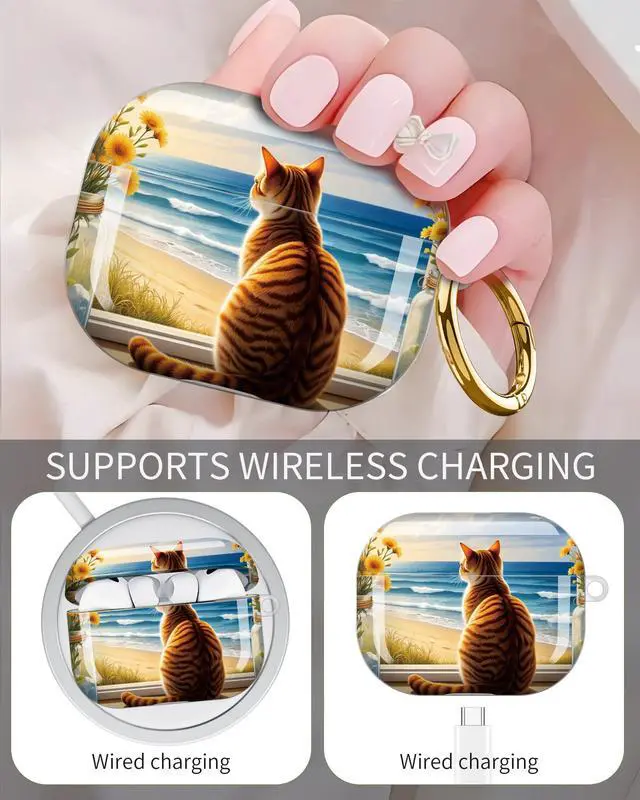 Alt view image 3 of 6 - Compatible with AirPod Pro 3 Case 2025,Shockproof Protective Cover with Keychain,Multi-Theme Graphic Design Shell for Men Women,Ideal for Gym&Travel(Cat Beach Ocean Sky Flowers Jar)