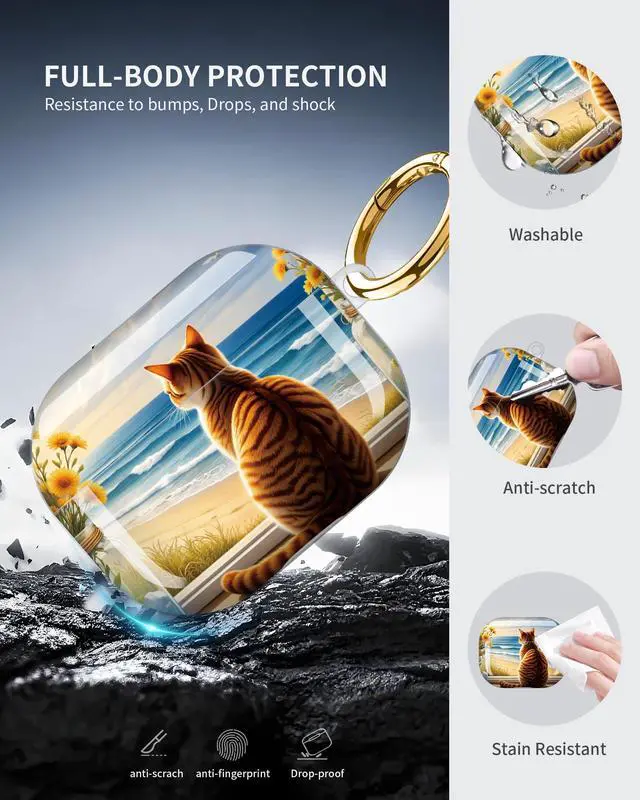 Alt view image 5 of 6 - Compatible with AirPod Pro 3 Case 2025,Shockproof Protective Cover with Keychain,Multi-Theme Graphic Design Shell for Men Women,Ideal for Gym&Travel(Cat Beach Ocean Sky Flowers Jar)