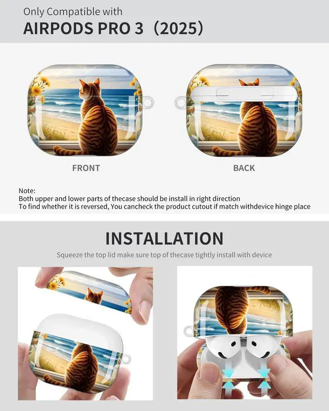 Alt view image 6 of 6 - Compatible with AirPod Pro 3 Case 2025,Shockproof Protective Cover with Keychain,Multi-Theme Graphic Design Shell for Men Women,Ideal for Gym&Travel(Cat Beach Ocean Sky Flowers Jar)