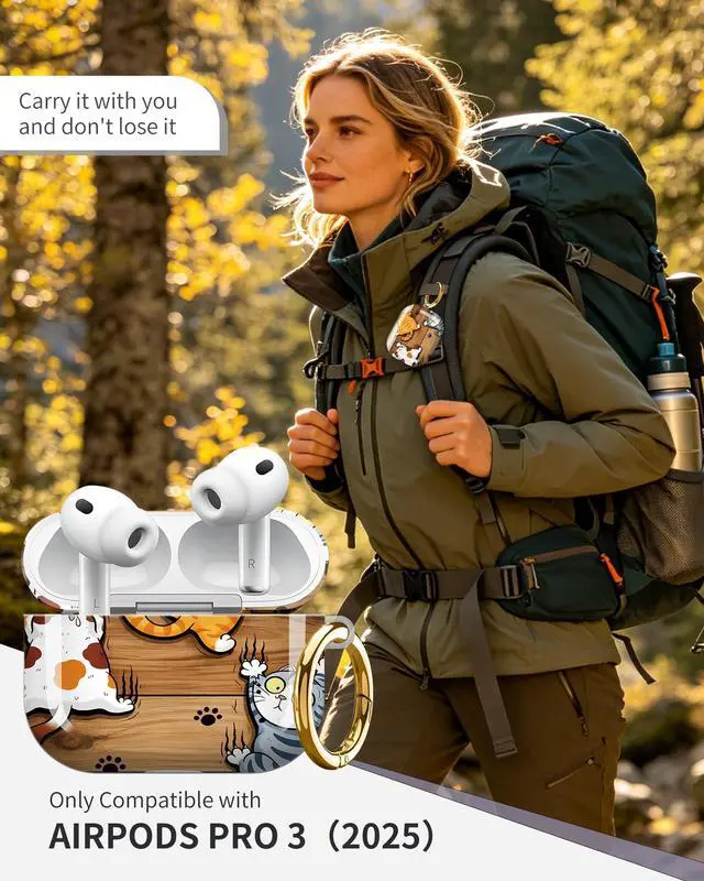 Alt view image 2 of 6 - Compatible with AirPod Pro 3 Case 2025,Shockproof Protective Cover with Keychain,Multi-Theme Graphic Design Shell for Men Women,Ideal for Gym&Travel(Cat Playing On Wooden Floor Paw Print)