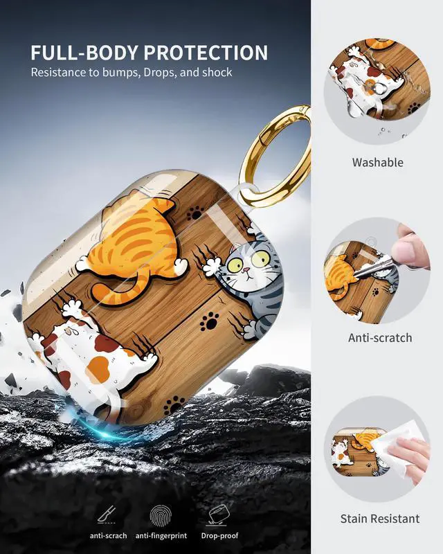 Alt view image 5 of 6 - Compatible with AirPod Pro 3 Case 2025,Shockproof Protective Cover with Keychain,Multi-Theme Graphic Design Shell for Men Women,Ideal for Gym&Travel(Cat Playing On Wooden Floor Paw Print)
