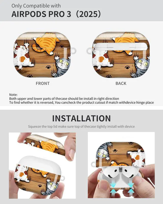 Alt view image 6 of 6 - Compatible with AirPod Pro 3 Case 2025,Shockproof Protective Cover with Keychain,Multi-Theme Graphic Design Shell for Men Women,Ideal for Gym&Travel(Cat Playing On Wooden Floor Paw Print)