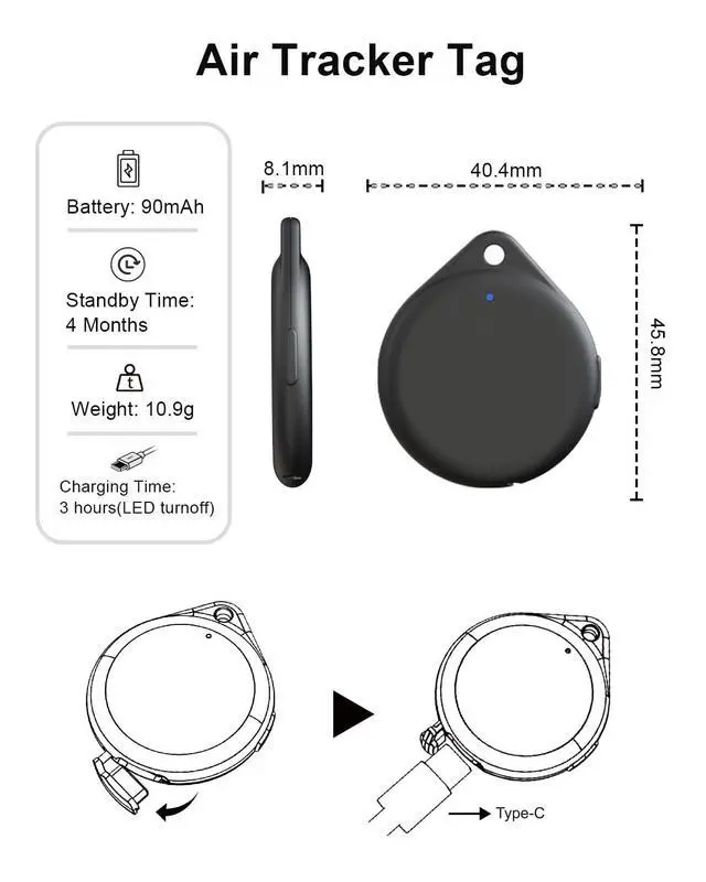 Alt view image 6 of 6 - Bluetooth Tracker Tags, USB-C Smart Key Finder (iOS & Android) | MFI Tracker Works with Find My or Google'S Find Hub, Key Finder, Rechargeable Item Finder for Keys, Luggage, Car (Black Four)