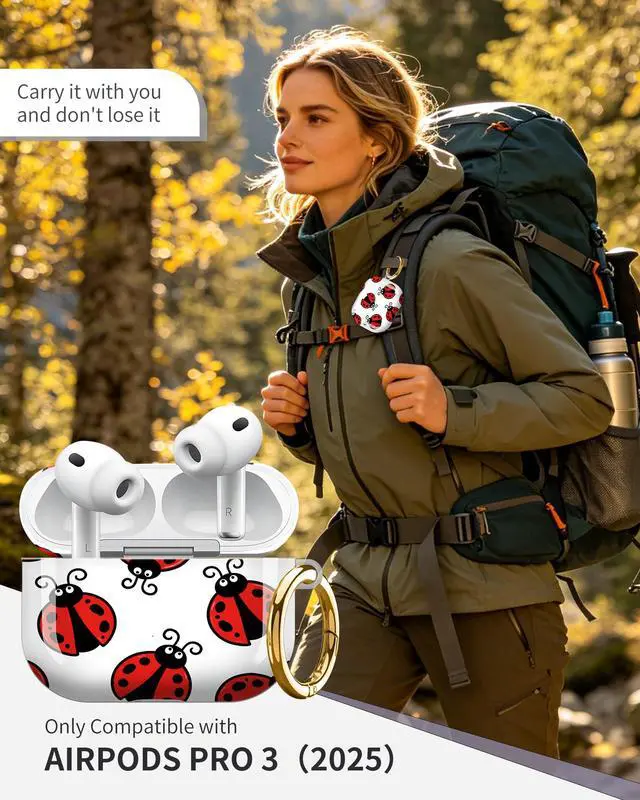 Alt view image 2 of 6 - Compatible with AirPod Pro 3 Case 2025,Shockproof Protective Cover with Keychain,Multi-Theme Graphic Design Shell for Men Women,Ideal for Gym&Travel(Ladybug Red Black White Background)