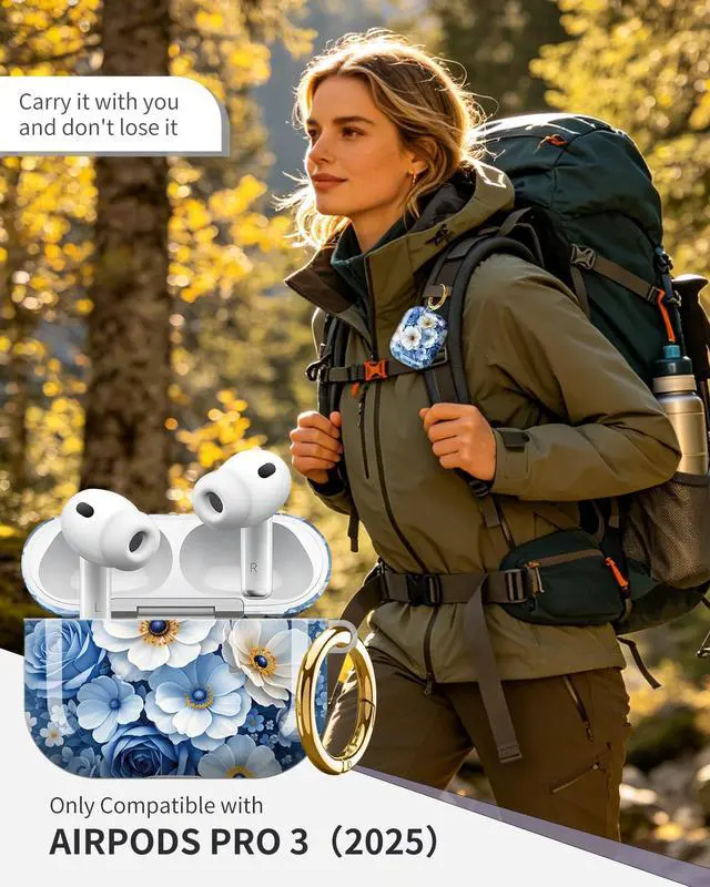 Alt view image 2 of 6 - Compatible with AirPod Pro 3 Case 2025,Shockproof Protective Cover with Keychain,Multi-Theme Graphic Design Shell for Men Women,Ideal for Gym&Travel(Blue Floral Bouquet with Butterflies)