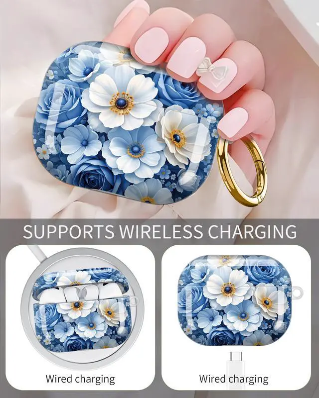 Alt view image 3 of 6 - Compatible with AirPod Pro 3 Case 2025,Shockproof Protective Cover with Keychain,Multi-Theme Graphic Design Shell for Men Women,Ideal for Gym&Travel(Blue Floral Bouquet with Butterflies)