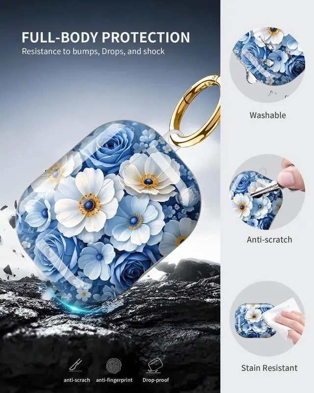 Alt view image 5 of 6 - Compatible with AirPod Pro 3 Case 2025,Shockproof Protective Cover with Keychain,Multi-Theme Graphic Design Shell for Men Women,Ideal for Gym&Travel(Blue Floral Bouquet with Butterflies)