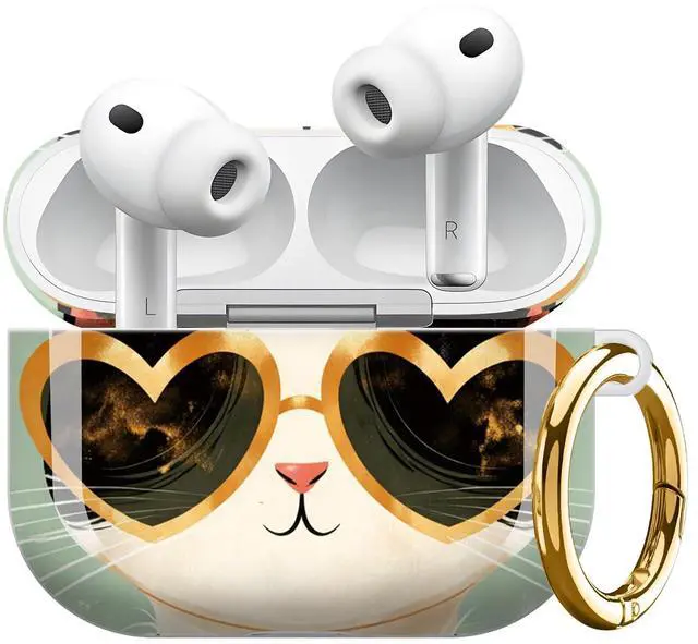 Main image of Compatible with AirPod Pro 3 Case 2025,Shockproof Protective Cover with Keychain,Multi-Theme Graphic Design Shell for Men Women,Ideal for Gym&Travel(Cat Heart Sunglasses Collar Gold)