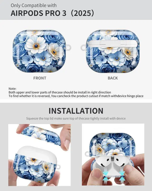 Alt view image 6 of 6 - Compatible with AirPod Pro 3 Case 2025,Shockproof Protective Cover with Keychain,Multi-Theme Graphic Design Shell for Men Women,Ideal for Gym&Travel(Blue Floral Bouquet with Butterflies)