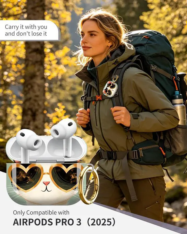 Alt view image 2 of 6 - Compatible with AirPod Pro 3 Case 2025,Shockproof Protective Cover with Keychain,Multi-Theme Graphic Design Shell for Men Women,Ideal for Gym&Travel(Cat Heart Sunglasses Collar Gold)