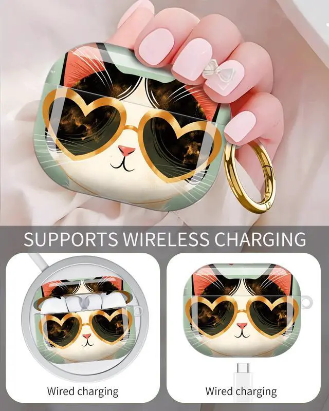 Alt view image 3 of 6 - Compatible with AirPod Pro 3 Case 2025,Shockproof Protective Cover with Keychain,Multi-Theme Graphic Design Shell for Men Women,Ideal for Gym&Travel(Cat Heart Sunglasses Collar Gold)