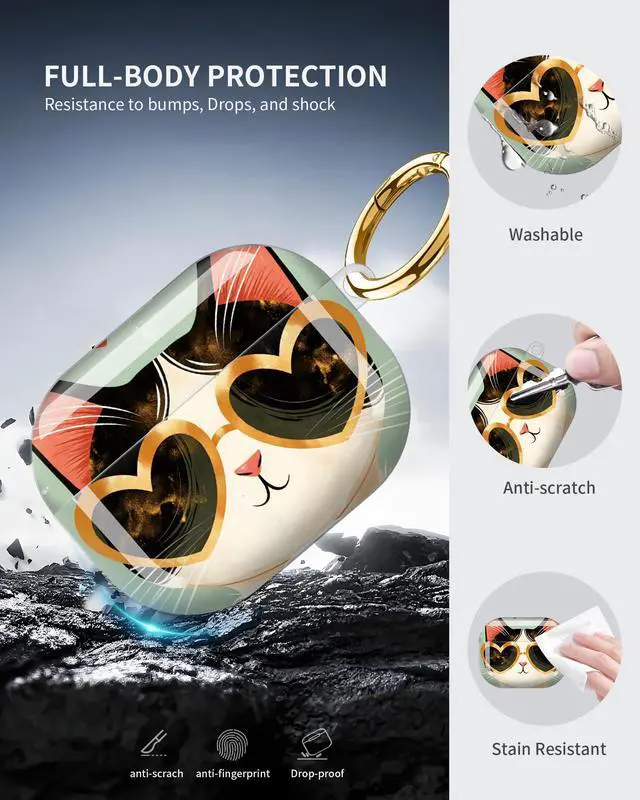 Alt view image 5 of 6 - Compatible with AirPod Pro 3 Case 2025,Shockproof Protective Cover with Keychain,Multi-Theme Graphic Design Shell for Men Women,Ideal for Gym&Travel(Cat Heart Sunglasses Collar Gold)