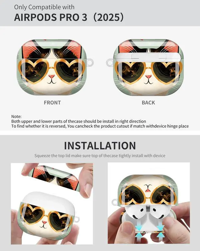 Alt view image 6 of 6 - Compatible with AirPod Pro 3 Case 2025,Shockproof Protective Cover with Keychain,Multi-Theme Graphic Design Shell for Men Women,Ideal for Gym&Travel(Cat Heart Sunglasses Collar Gold)