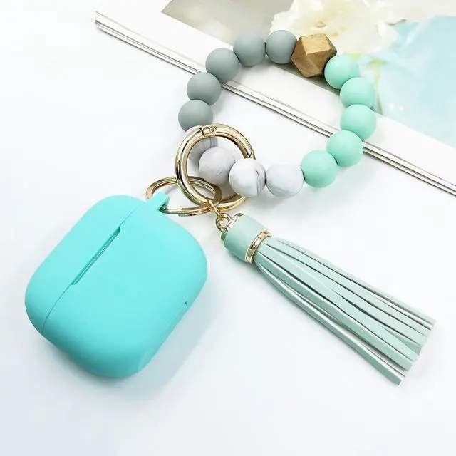 Alt view image 3 of 7 - Compatible with AirPods 3 Case Cover Soft Silicone Skin Case for AirPods 3rd Generation with Bracelet Keychain for Women (Mint Green)