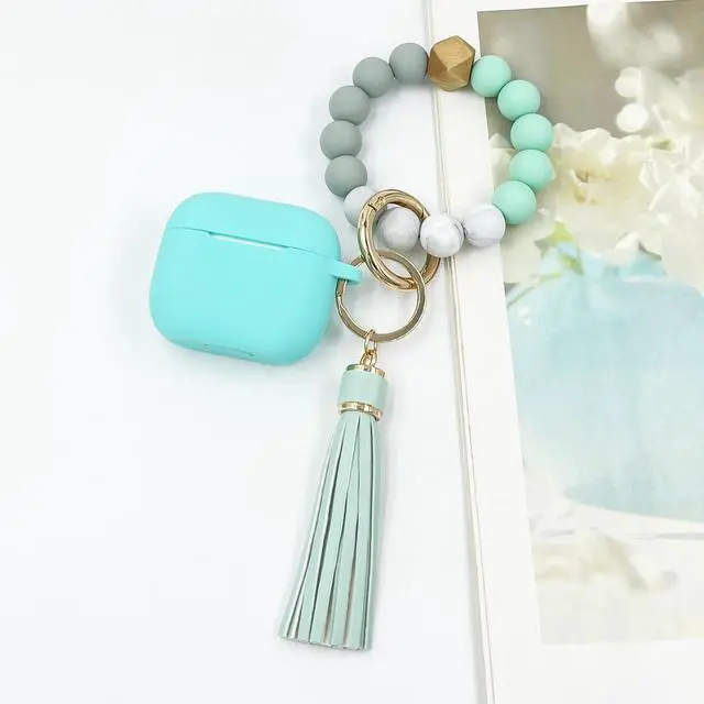 Alt view image 6 of 7 - Compatible with AirPods 3 Case Cover Soft Silicone Skin Case for AirPods 3rd Generation with Bracelet Keychain for Women (Mint Green)