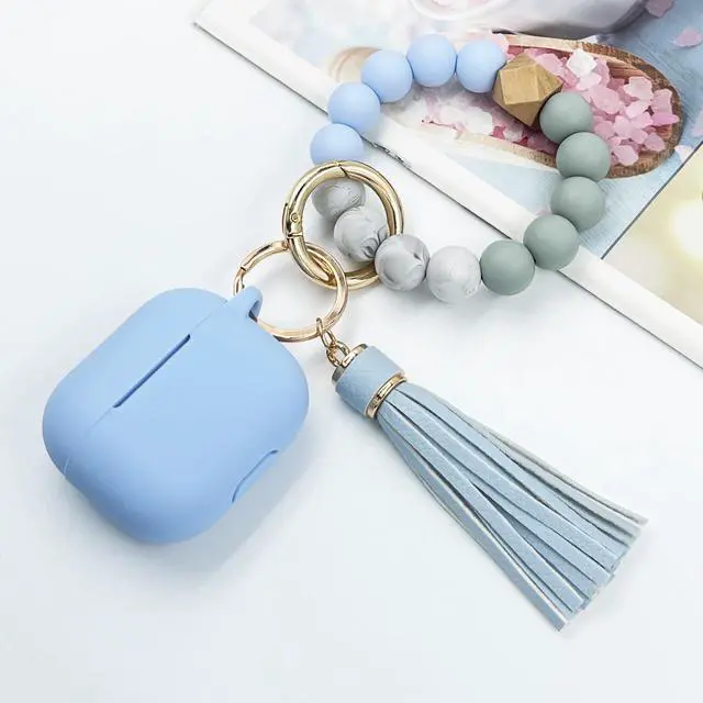 Alt view image 5 of 7 - Compatible with AirPods 3 Case Cover Soft Silicone Skin Case for AirPods 3rd Generation with Bracelet Keychain for Women (Light Blue)