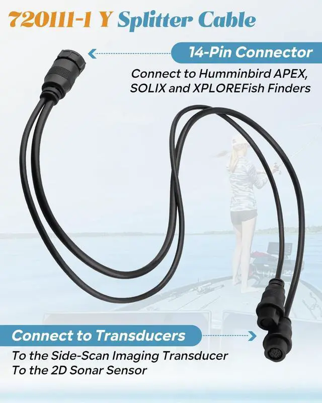 Alt view image 5 of 6 - 720111-1 14 M ID SIDB Y Splitter Cable Fit for Humminbird SOLIX APEX XPLORE Fish Finders All Models, Side Imaging 2D Sonar Connection, 30 Inch Y Cable