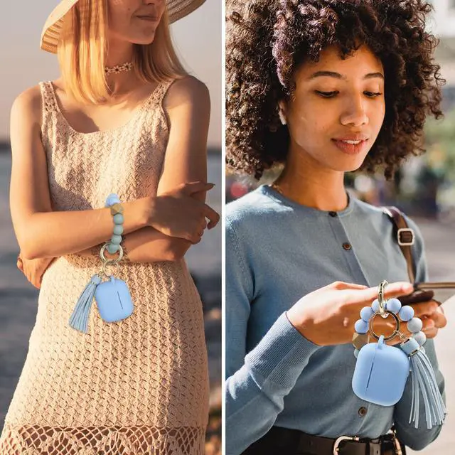 Alt view image 7 of 7 - Compatible with AirPods 3 Case Cover Soft Silicone Skin Case for AirPods 3rd Generation with Bracelet Keychain for Women (Light Blue)