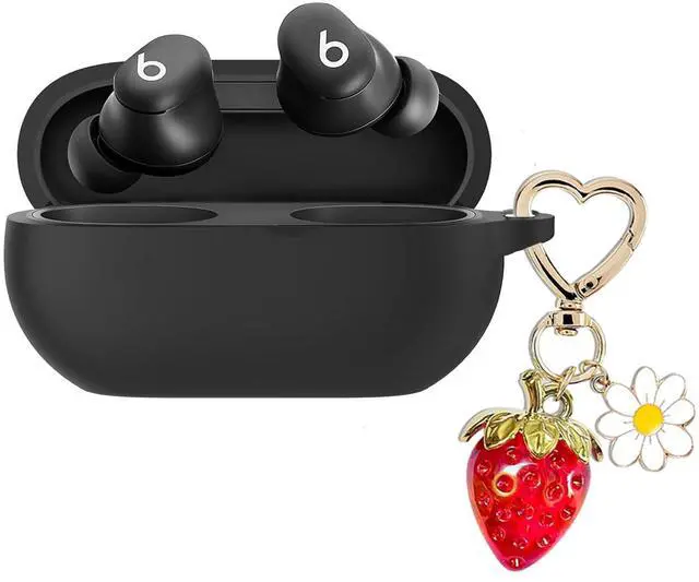 Main image of for Beats Solo Buds Case Cover with Cute Strawberry Charm Heart Keychain, Soft Silicone Protective Case Daisy Key Chains for New Beats Solo Charging Case Earbuds for Women Men Black