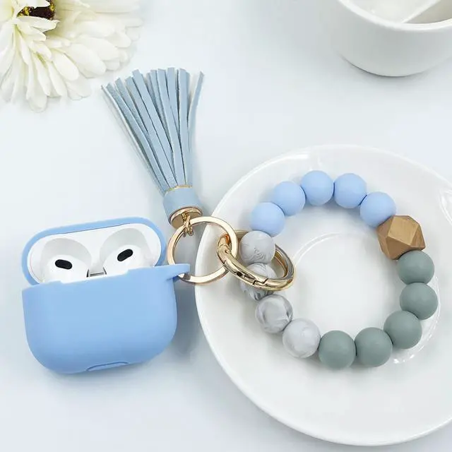 Alt view image 6 of 7 - Compatible with AirPods 3 Case Cover Soft Silicone Skin Case for AirPods 3rd Generation with Bracelet Keychain for Women (Light Blue)