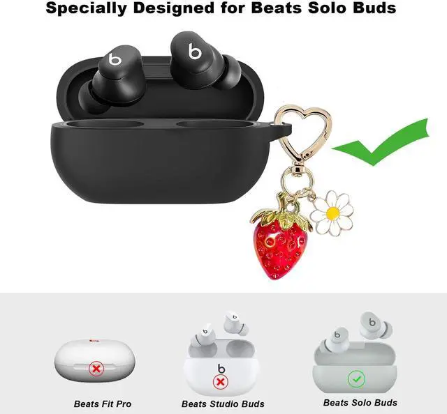 Alt view image 2 of 6 - for Beats Solo Buds Case Cover with Cute Strawberry Charm Heart Keychain, Soft Silicone Protective Case Daisy Key Chains for New Beats Solo Charging Case Earbuds for Women Men Black