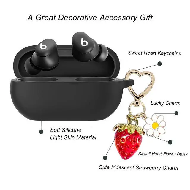 Alt view image 3 of 6 - for Beats Solo Buds Case Cover with Cute Strawberry Charm Heart Keychain, Soft Silicone Protective Case Daisy Key Chains for New Beats Solo Charging Case Earbuds for Women Men Black
