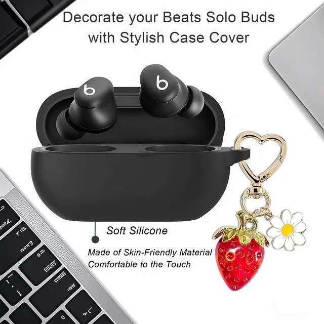 Alt view image 5 of 6 - for Beats Solo Buds Case Cover with Cute Strawberry Charm Heart Keychain, Soft Silicone Protective Case Daisy Key Chains for New Beats Solo Charging Case Earbuds for Women Men Black