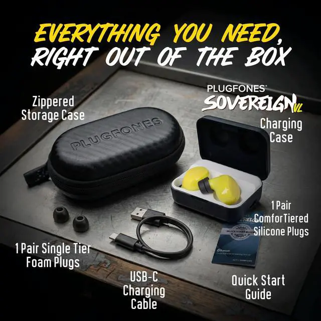 Alt view image 6 of 7 - Sovereign VL Bluetooth Earplug Earbuds, 82dB Volume Limited OSHA | True Wireless Hearing Protection for Work, 26dB NRR Foam and Silicone Ear Plug Tips, Compliant Safety Headphones, 40 hr Case