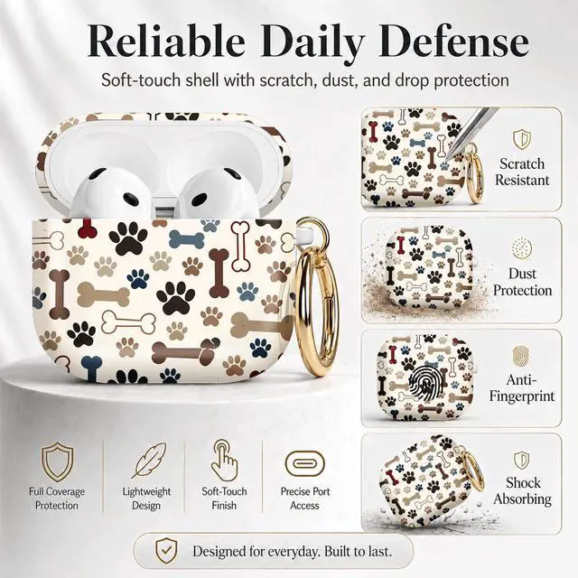 Alt view image 2 of 7 - Compatible with Airpod 4 Case,TPU Cute Pattern Protective, Shockproof Anti Scratch Case with Keychain Ring, Supports Wireless Charging(Paw Prints Bones Woof)