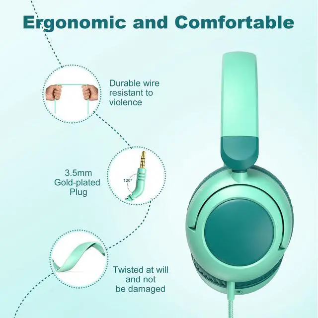 Alt view image 5 of 7 - V8 Kids Headphones,Wired Headphones with Mic, 85/94dB Volume Limiter, Tangle-Free 3.5mm Jack, Stereo Sound, Shared Interface, Adjustable Portable Headphones for School & Travel Green