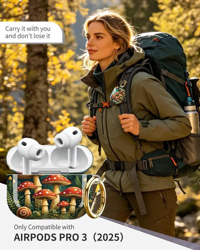 Alt view image 2 of 6 - Compatible with AirPod Pro 3 Case 2025,Shockproof Protective Cover with Keychain,Multi-Theme Graphic Design Shell for Men Women,Ideal for Gym&Travel(Mushroom Forest Moon Butterflies Snail)