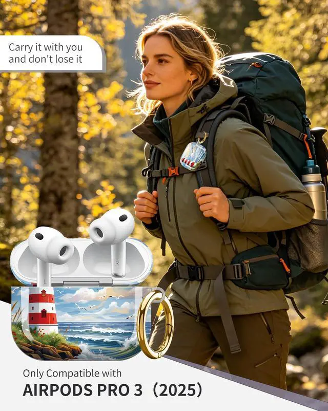 Alt view image 2 of 6 - Compatible with AirPod Pro 3 Case 2025,Shockproof Protective Cover with Keychain,Multi-Theme Graphic Design Shell for Men Women,Ideal for Gym&Travel(Lighthouse Waves Seagull Flower Sky Rock)