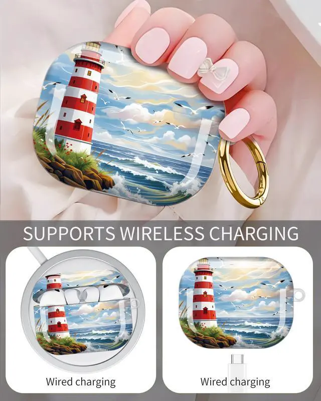 Alt view image 3 of 6 - Compatible with AirPod Pro 3 Case 2025,Shockproof Protective Cover with Keychain,Multi-Theme Graphic Design Shell for Men Women,Ideal for Gym&Travel(Lighthouse Waves Seagull Flower Sky Rock)