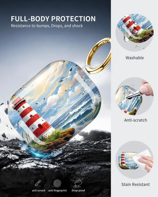Alt view image 5 of 6 - Compatible with AirPod Pro 3 Case 2025,Shockproof Protective Cover with Keychain,Multi-Theme Graphic Design Shell for Men Women,Ideal for Gym&Travel(Lighthouse Waves Seagull Flower Sky Rock)