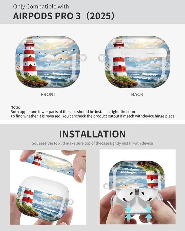 Alt view image 6 of 6 - Compatible with AirPod Pro 3 Case 2025,Shockproof Protective Cover with Keychain,Multi-Theme Graphic Design Shell for Men Women,Ideal for Gym&Travel(Lighthouse Waves Seagull Flower Sky Rock)