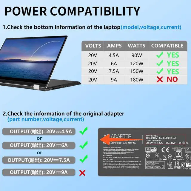 Alt view image 3 of 6 - 150W AC Charger Compatible with ASUS TUF F15 F17 A15 A17 FA506 A17 FA706 FA706IH FA706II FA706IHR ROG Strix G531GT ADP-150CH B Gaming Laptop Adapter Power Cable