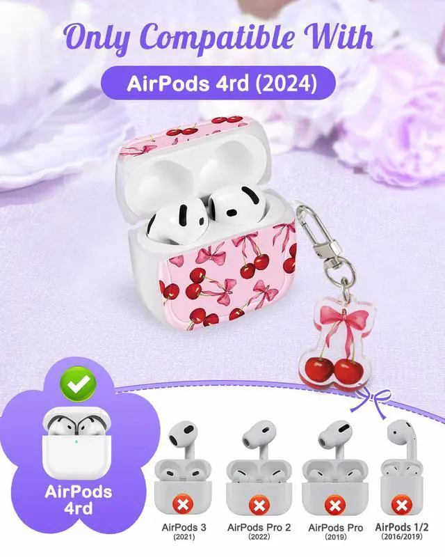 Alt view image 2 of 6 - for AirPods 4 Case for Women - Cute & Protective Kawaii Girls Girly Fashion Design Cover with Cartoon Acrylic Keychain for Apple for AirPods 4th Generation Case, Cherry Bow