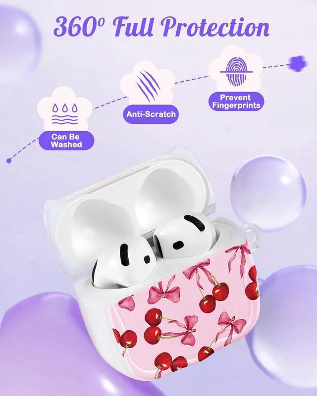 Alt view image 4 of 6 - for AirPods 4 Case for Women - Cute & Protective Kawaii Girls Girly Fashion Design Cover with Cartoon Acrylic Keychain for Apple for AirPods 4th Generation Case, Cherry Bow