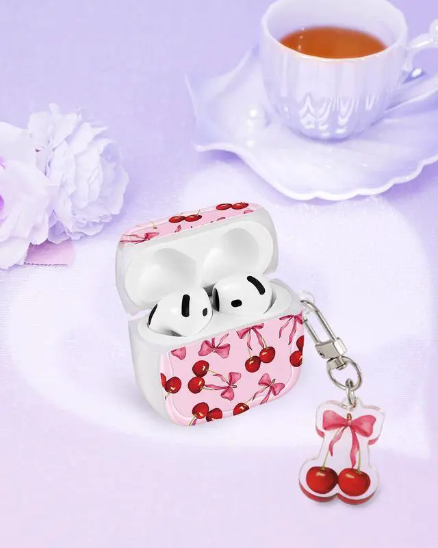 Alt view image 5 of 6 - for AirPods 4 Case for Women - Cute & Protective Kawaii Girls Girly Fashion Design Cover with Cartoon Acrylic Keychain for Apple for AirPods 4th Generation Case, Cherry Bow