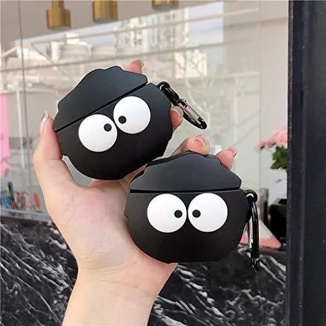 Alt view image 2 of 7 - Case Compatible with AirPods 1/2, Super Cute Creative Funny Big Eyes Black Dust Elf Shape Case, Stylish Dust Ball Silicone Earphone Protection Skin +Hook
