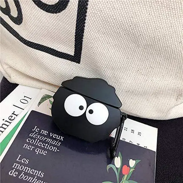 Alt view image 3 of 7 - Case Compatible with AirPods 1/2, Super Cute Creative Funny Big Eyes Black Dust Elf Shape Case, Stylish Dust Ball Silicone Earphone Protection Skin +Hook