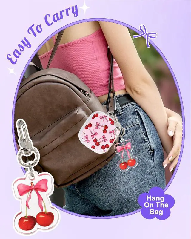 Alt view image 6 of 6 - for AirPods 4 Case for Women - Cute & Protective Kawaii Girls Girly Fashion Design Cover with Cartoon Acrylic Keychain for Apple for AirPods 4th Generation Case, Cherry Bow