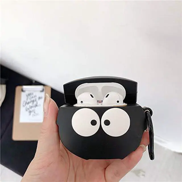 Alt view image 4 of 7 - Case Compatible with AirPods 1/2, Super Cute Creative Funny Big Eyes Black Dust Elf Shape Case, Stylish Dust Ball Silicone Earphone Protection Skin +Hook