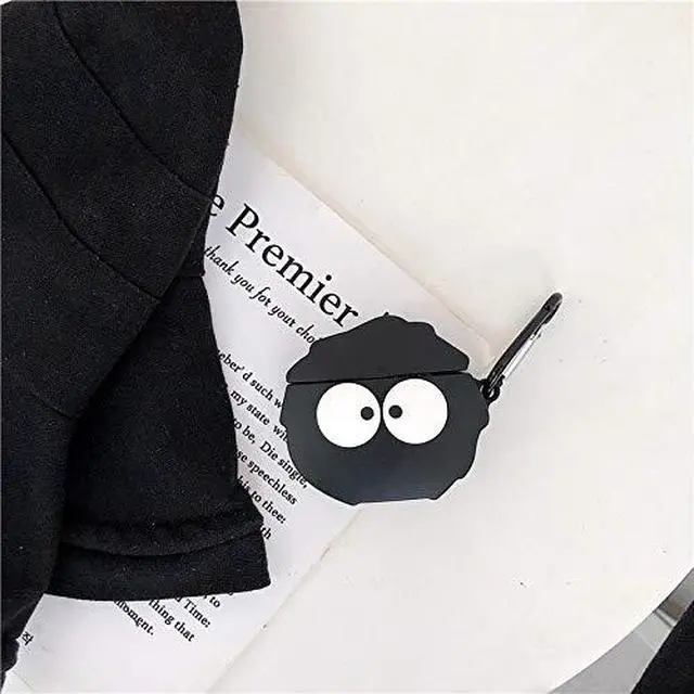 Alt view image 5 of 7 - Case Compatible with AirPods 1/2, Super Cute Creative Funny Big Eyes Black Dust Elf Shape Case, Stylish Dust Ball Silicone Earphone Protection Skin +Hook