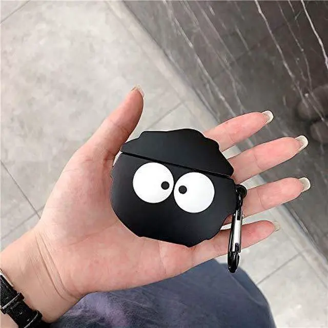 Alt view image 6 of 7 - Case Compatible with AirPods 1/2, Super Cute Creative Funny Big Eyes Black Dust Elf Shape Case, Stylish Dust Ball Silicone Earphone Protection Skin +Hook